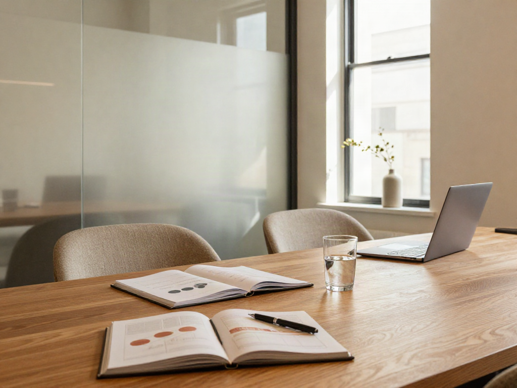 A thoughtfully prepared business review space with notebooks and analytical charts